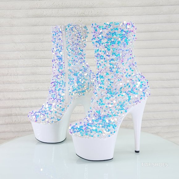 White Ice Multi Sequin Platform 7" Heels Ankle Boots Adore 1042 - Picture 7 of 8